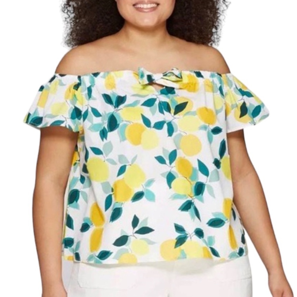 Who What Wear Lemon Print Cotton Tie Front Off The Shoulder Shirt Size Medium